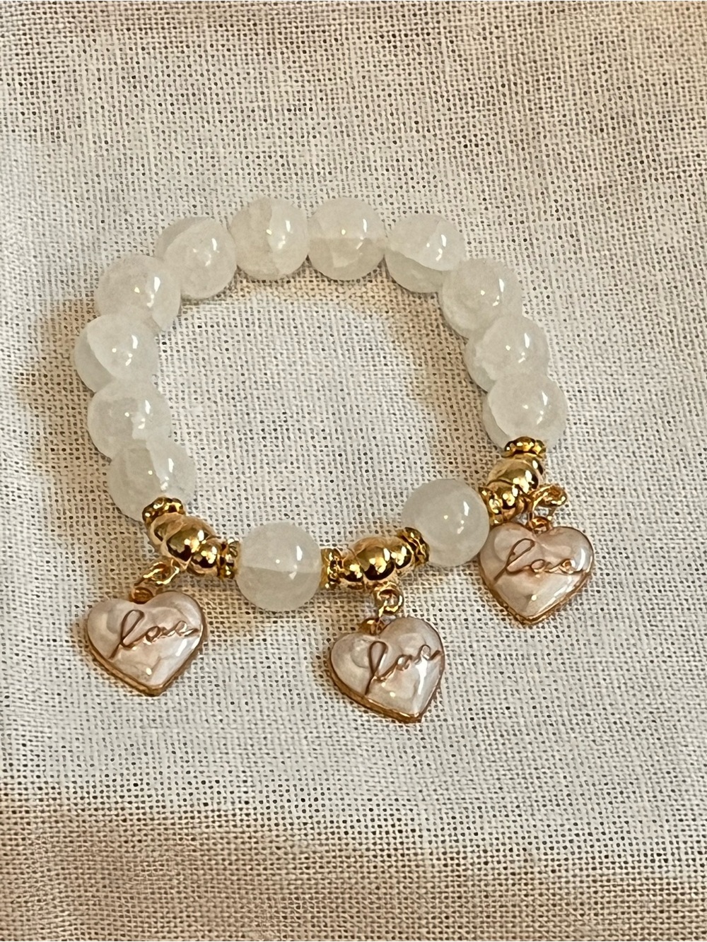 White Beaded Bracelet with Gold Heart 'Love' Charms
